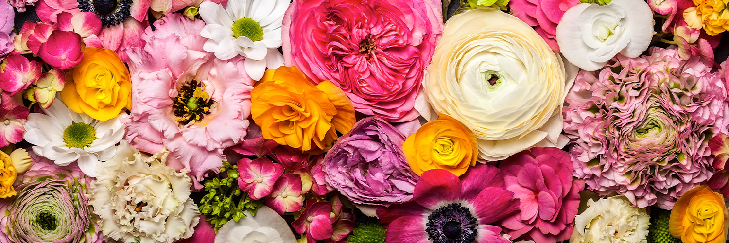 A vibrant assortment of variously colored flowers, including roses, daisies, and peonies, densely packed together, creating a rich, overlapping texture of petals in hues of pink, yellow, white, and orange.