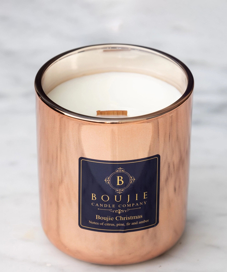 Boujie Christmas Candle 14oz  with wood wick - large 14oz size. Notes of citrus, pine, fir and amber make the perfect holiday scent