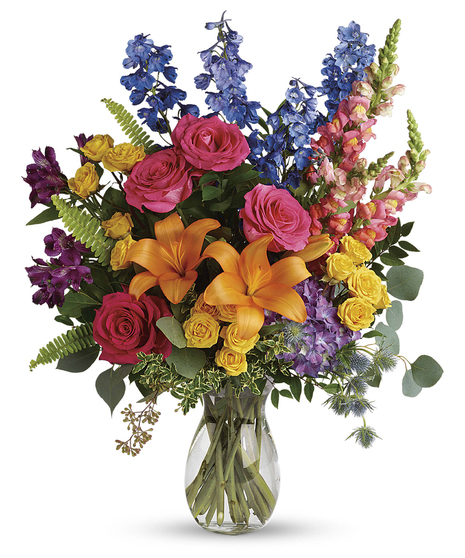 Colors of the Rainbow features garden hydrangea, lilies, roses, in vibrant, rich colors