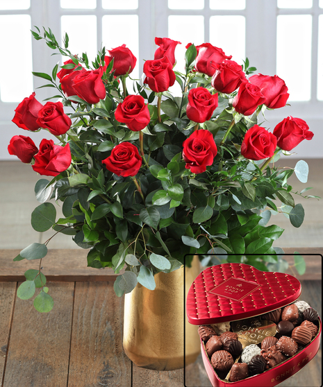 Valentine Roses & Chocolates Package  - Dozen+6 FREE Bonus Roses (18 Total) & Asst Chocolate Heart Tin