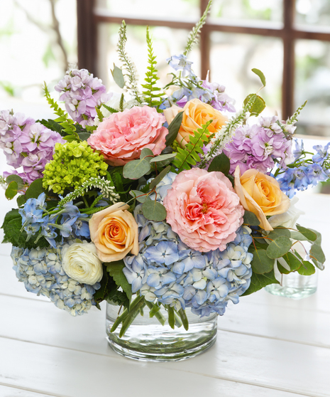 The English Cottage Bouquet, pastel hydrangea, garden roses, stock, and delphinium