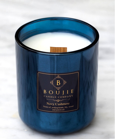 Boujie Navy Cashmere Jar Candle with wood wick - large 14oz size