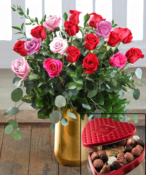 True Romance Roses & Chocolates Package  - Dozen+6 FREE Bonus Roses (18 Total) & Asst Chocolate Heart Tin