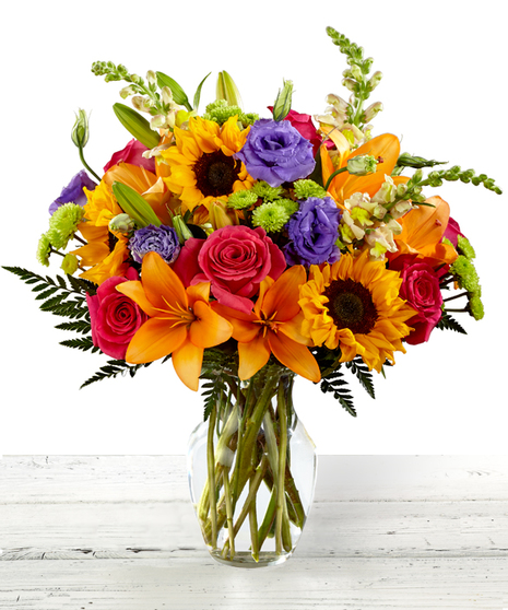 Best Day Bouquet featuring sunflowers, lilies and roses